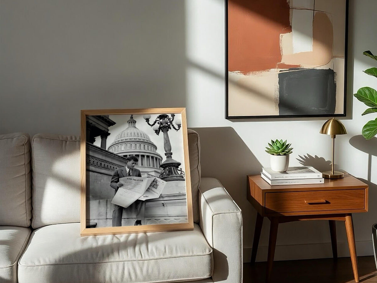Young Politician Capitol Steps Poster | Black and White Photography Print | Vintage History Wall Art | Retro Documentary Decor