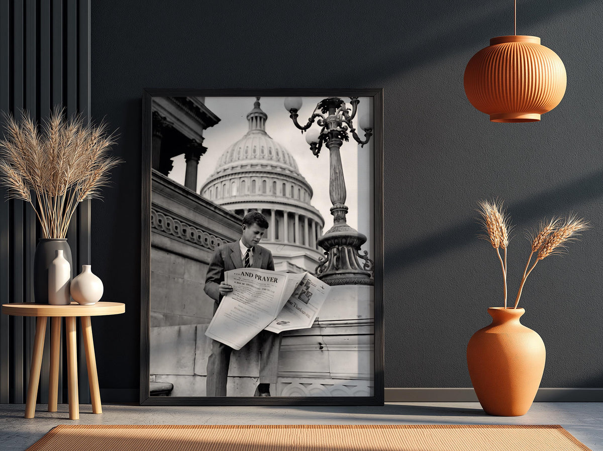 Young Politician Capitol Steps Poster | Black and White Photography Print | Vintage History Wall Art | Retro Documentary Decor