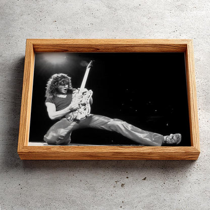 Rock Guitarist Stage Kick Poster | Black and White Photography Print | Vintage Music Wall Art | Retro Concert Photography Decor