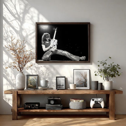 Rock Guitarist Stage Kick Poster | Black and White Photography Print | Vintage Music Wall Art | Retro Concert Photography Decor