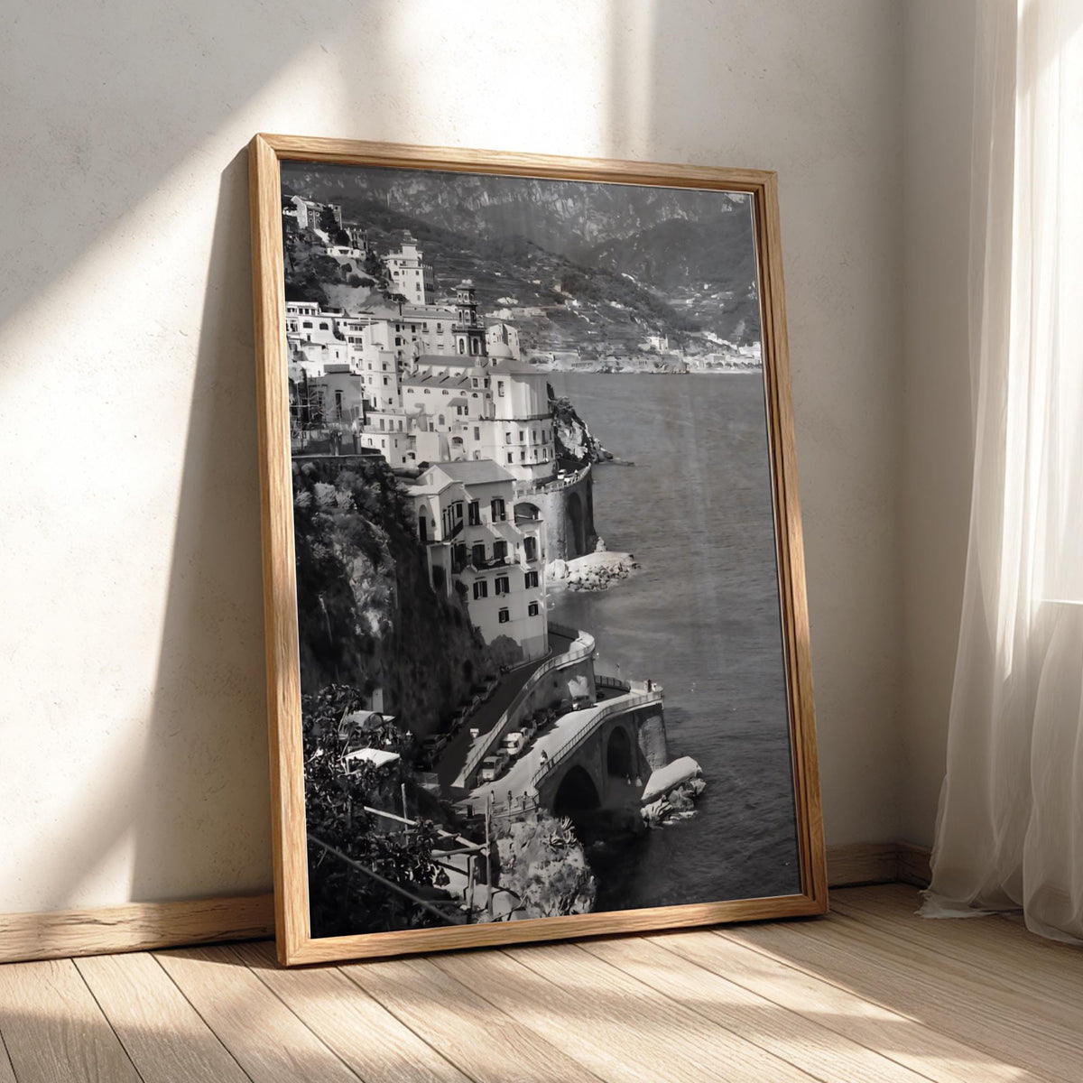 Amalfi Coast Cliffside Village Poster | Black and White Photography Print | Vintage Italy Wall Art | Retro Coastal Travel Decor