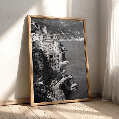 Amalfi Coast Cliffside Village Poster | Black and White Photography Print | Vintage Italy Wall Art | Retro Coastal Travel Decor