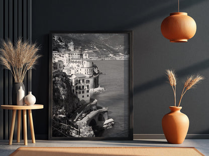 Amalfi Coast Cliffside Village Poster | Black and White Photography Print | Vintage Italy Wall Art | Retro Coastal Travel Decor