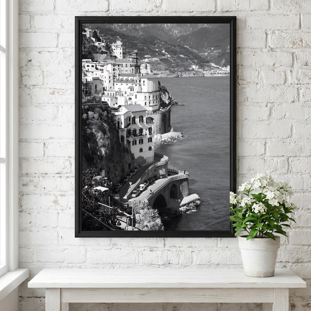 Amalfi Coast Cliffside Village Poster | Black and White Photography Print | Vintage Italy Wall Art | Retro Coastal Travel Decor