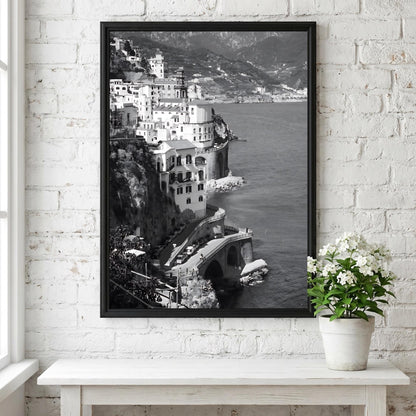 Amalfi Coast Cliffside Village Poster | Black and White Photography Print | Vintage Italy Wall Art | Retro Coastal Travel Decor