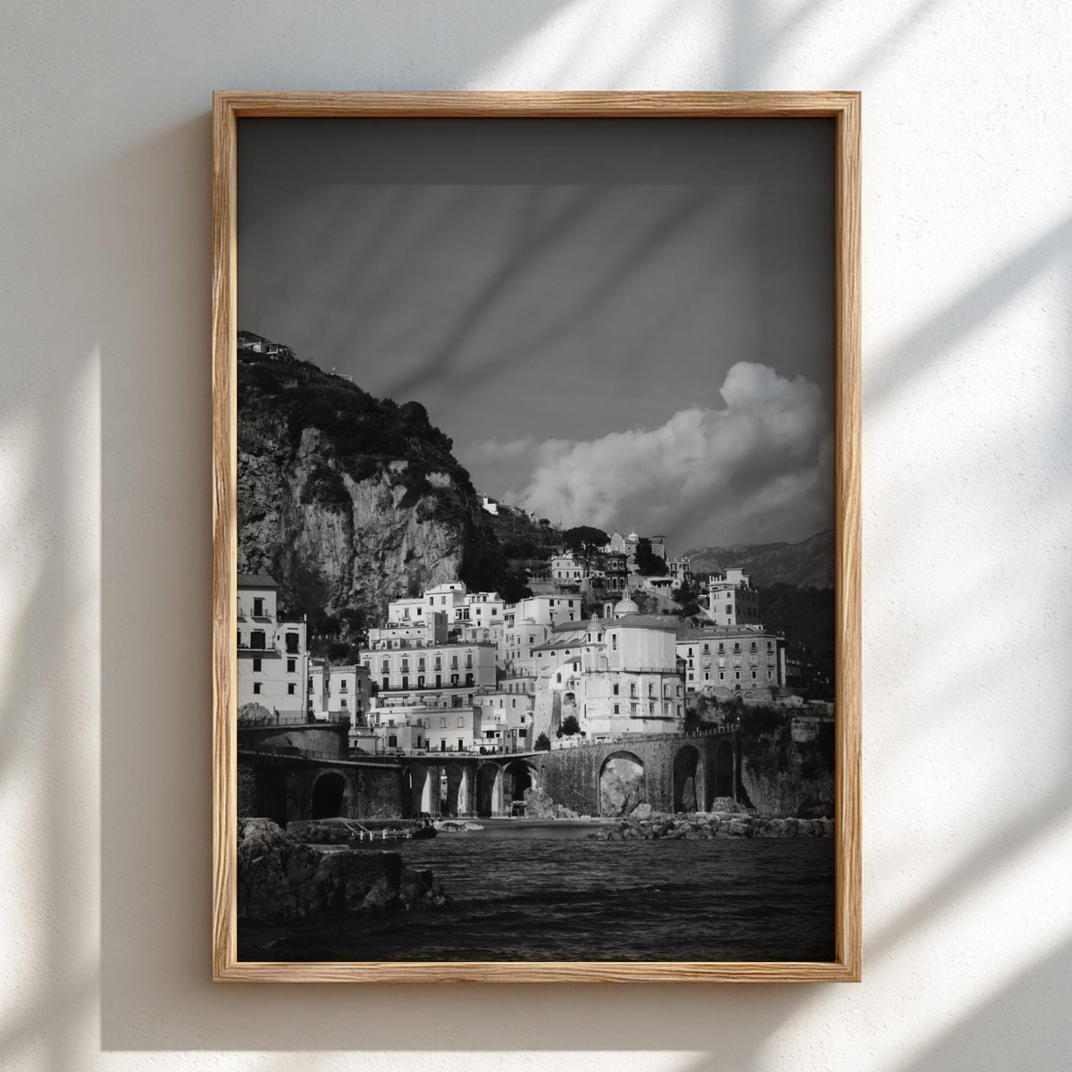 Amalfi Coast Village Poster | Black and White Photography Print | Vintage Italy Wall Art | Retro Coastal Travel Decor