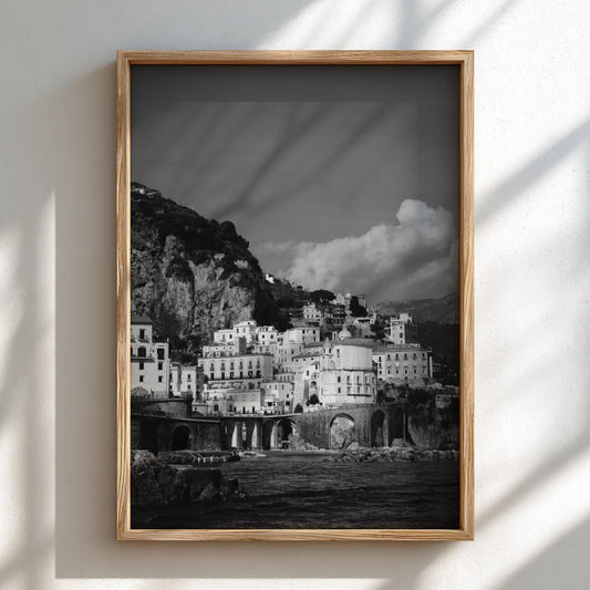 Amalfi Coast Village Poster | Black and White Photography Print | Vintage Italy Wall Art | Retro Coastal Travel Decor