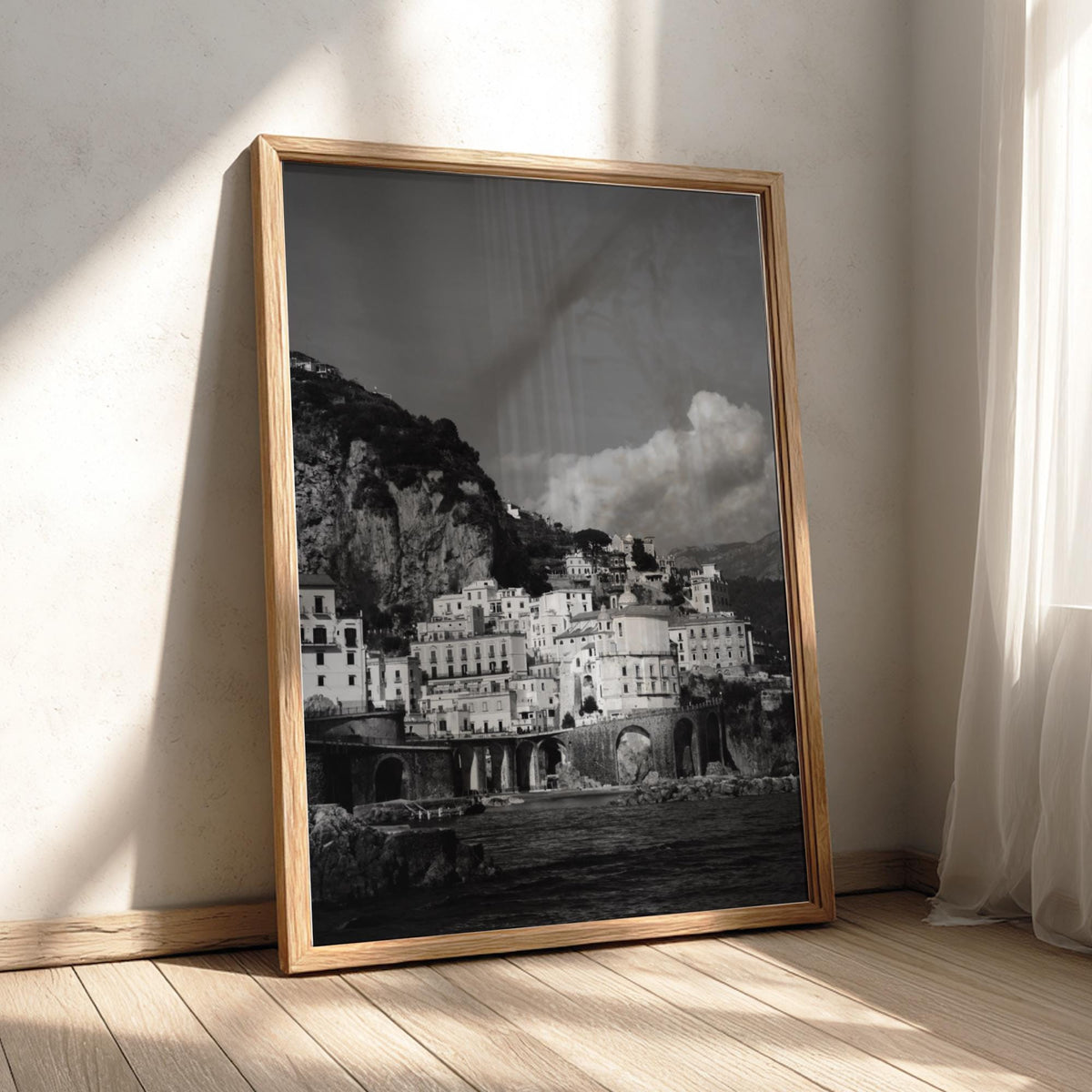 Amalfi Coast Village Poster | Black and White Photography Print | Vintage Italy Wall Art | Retro Coastal Travel Decor
