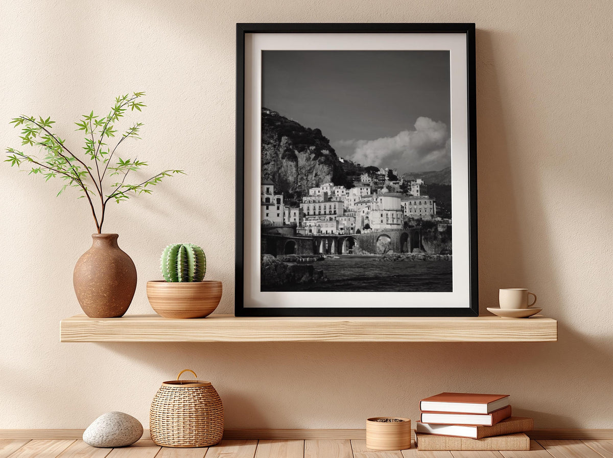 Amalfi Coast Village Poster | Black and White Photography Print | Vintage Italy Wall Art | Retro Coastal Travel Decor