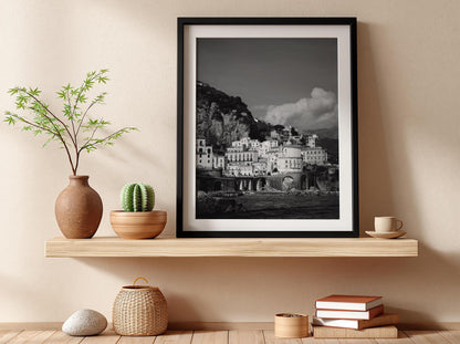 Amalfi Coast Village Poster | Black and White Photography Print | Vintage Italy Wall Art | Retro Coastal Travel Decor