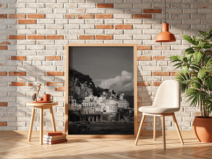 Amalfi Coast Village Poster | Black and White Photography Print | Vintage Italy Wall Art | Retro Coastal Travel Decor