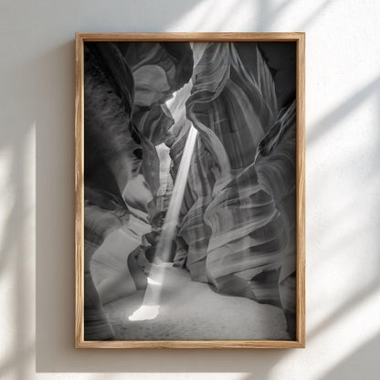 Antelope Canyon Light Beam Poster | Black and White Photography Print | Vintage Nature Wall Art | Retro Desert Landscape Decor