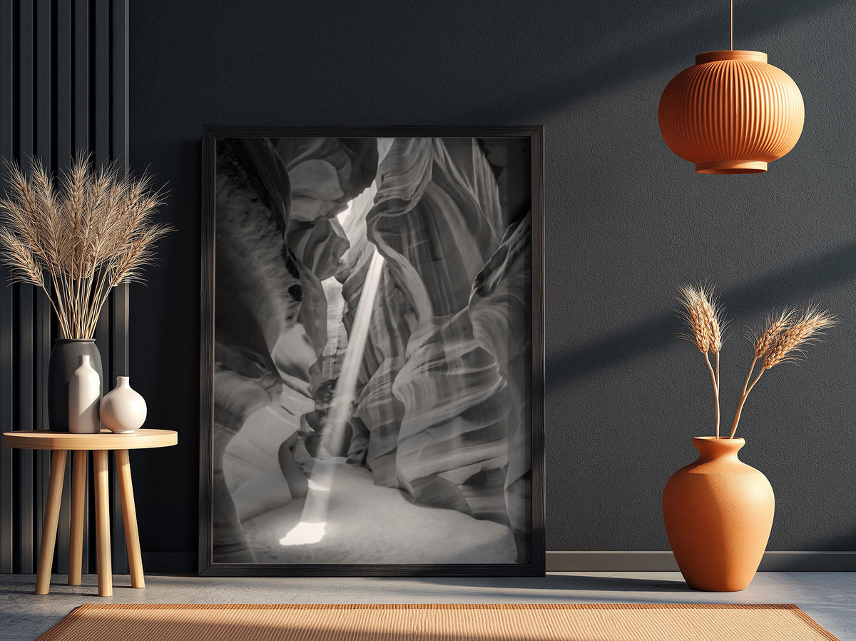 Antelope Canyon Light Beam Poster | Black and White Photography Print | Vintage Nature Wall Art | Retro Desert Landscape Decor