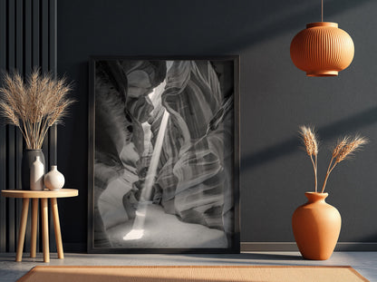 Antelope Canyon Light Beam Poster | Black and White Photography Print | Vintage Nature Wall Art | Retro Desert Landscape Decor