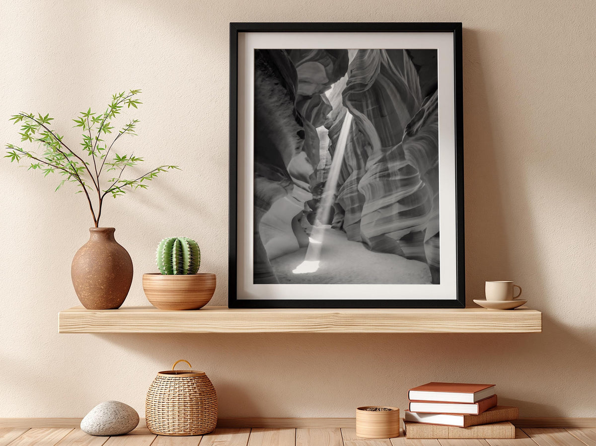 Antelope Canyon Light Beam Poster | Black and White Photography Print | Vintage Nature Wall Art | Retro Desert Landscape Decor