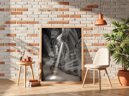 Antelope Canyon Light Beam Poster | Black and White Photography Print | Vintage Nature Wall Art | Retro Desert Landscape Decor