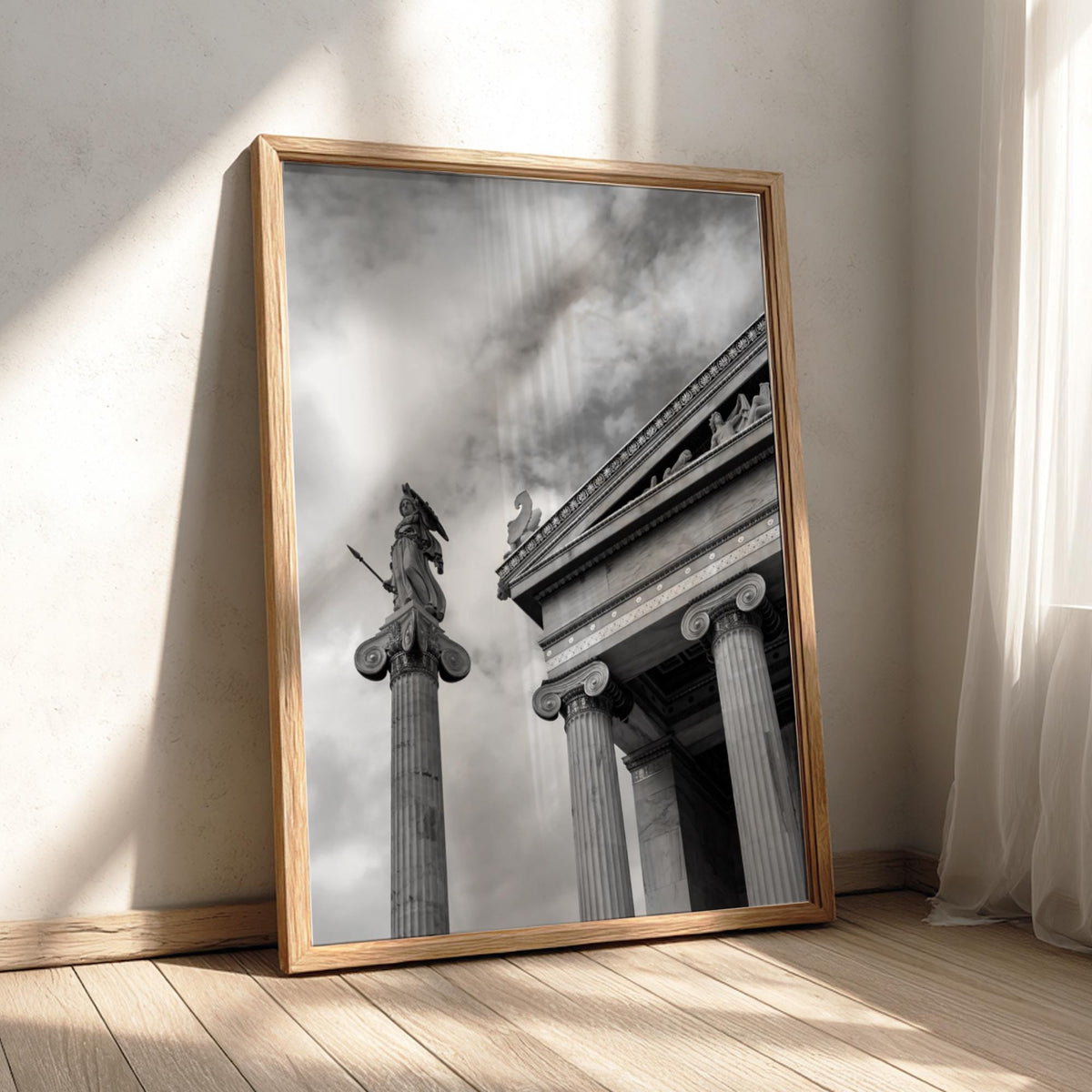 Athena Statue Ionic Columns Poster | Black and White Photography Print | Vintage Greek Art Wall Decor | Retro Classical Architecture