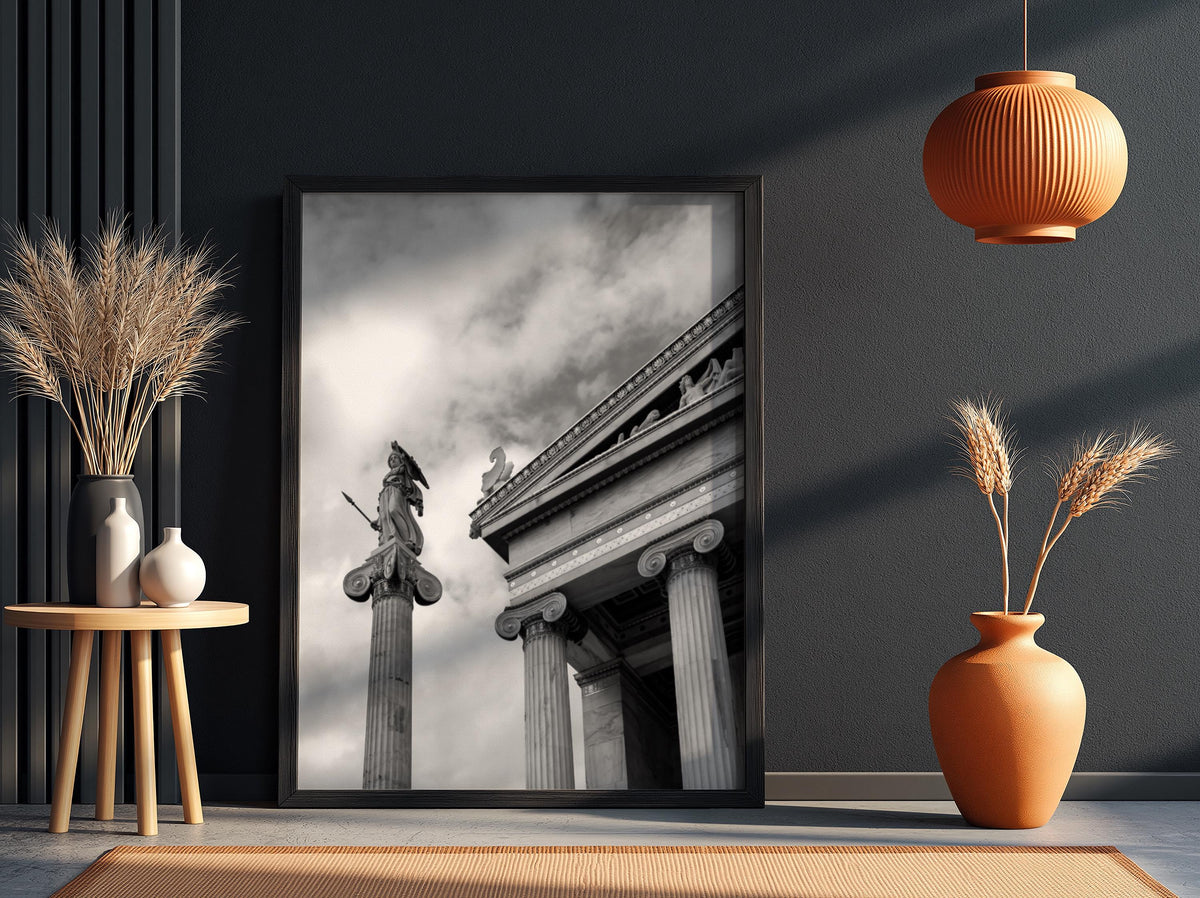 Athena Statue Ionic Columns Poster | Black and White Photography Print | Vintage Greek Art Wall Decor | Retro Classical Architecture