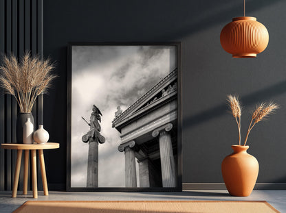 Athena Statue Ionic Columns Poster | Black and White Photography Print | Vintage Greek Art Wall Decor | Retro Classical Architecture