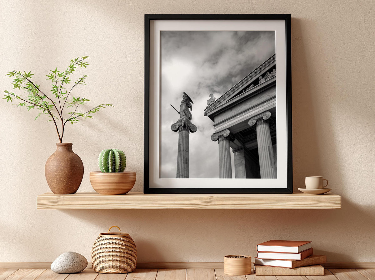 Athena Statue Ionic Columns Poster | Black and White Photography Print | Vintage Greek Art Wall Decor | Retro Classical Architecture