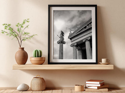 Athena Statue Ionic Columns Poster | Black and White Photography Print | Vintage Greek Art Wall Decor | Retro Classical Architecture