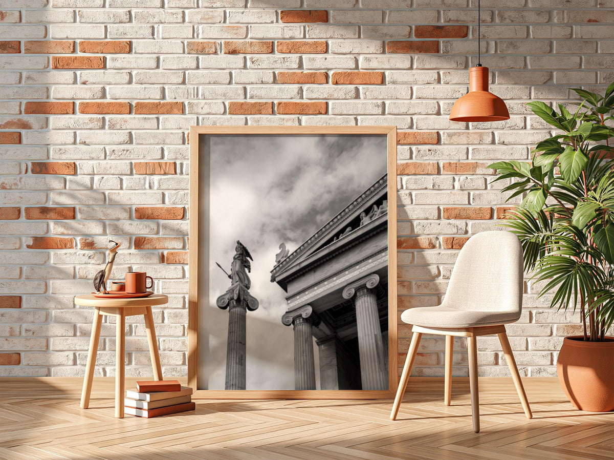 Athena Statue Ionic Columns Poster | Black and White Photography Print | Vintage Greek Art Wall Decor | Retro Classical Architecture