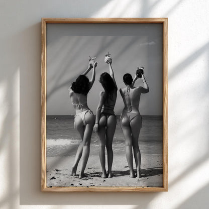 Bikini Friends Beach Toast Poster | Black and White Photography Print | Vintage Summer Wall Art | Retro Coastal Lifestyle Decor