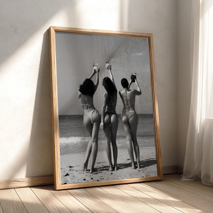 Bikini Friends Beach Toast Poster | Black and White Photography Print | Vintage Summer Wall Art | Retro Coastal Lifestyle Decor