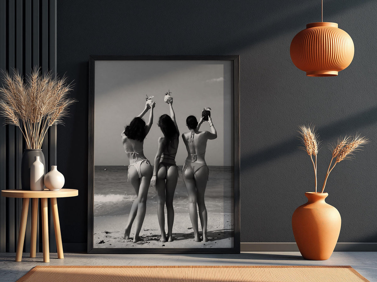 Bikini Friends Beach Toast Poster | Black and White Photography Print | Vintage Summer Wall Art | Retro Coastal Lifestyle Decor