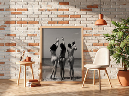 Bikini Friends Beach Toast Poster | Black and White Photography Print | Vintage Summer Wall Art | Retro Coastal Lifestyle Decor