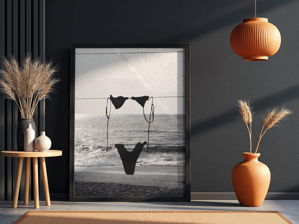 Bikini On Beach Clothesline Poster | Black and White Photography Print | Vintage Summer Wall Art | Retro Coastal Lifestyle Decor