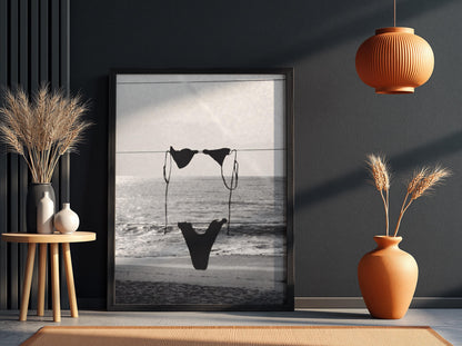Bikini On Beach Clothesline Poster | Black and White Photography Print | Vintage Summer Wall Art | Retro Coastal Lifestyle Decor