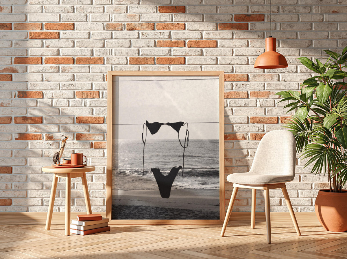 Bikini On Beach Clothesline Poster | Black and White Photography Print | Vintage Summer Wall Art | Retro Coastal Lifestyle Decor
