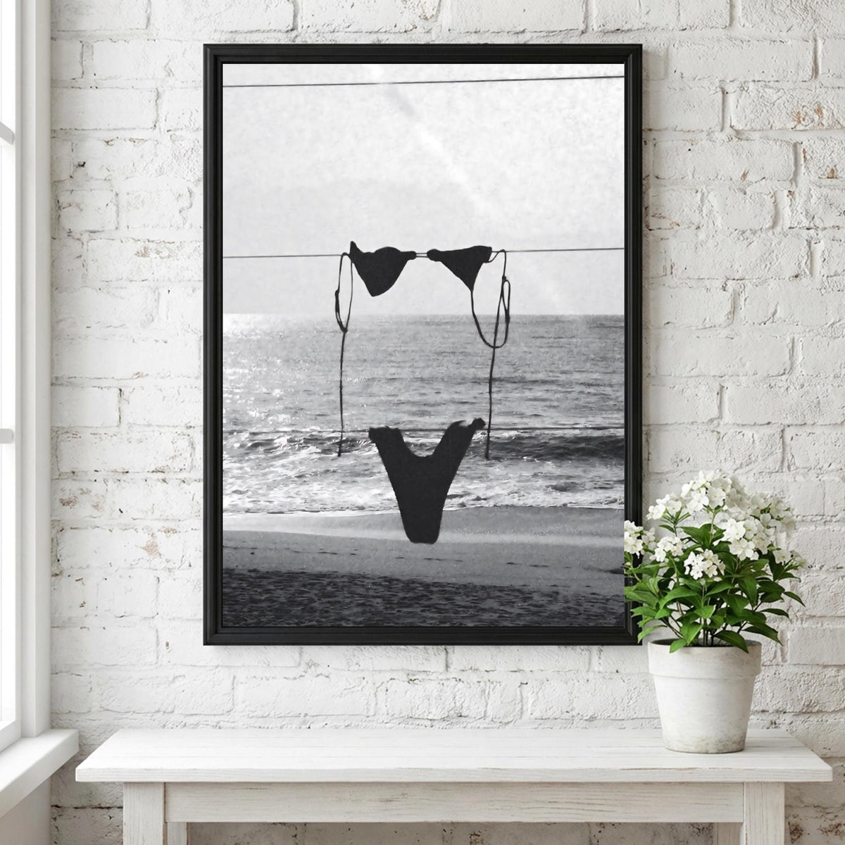 Bikini On Beach Clothesline Poster | Black and White Photography Print | Vintage Summer Wall Art | Retro Coastal Lifestyle Decor