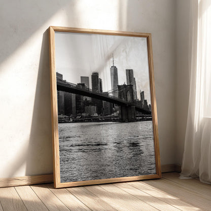 Brooklyn Bridge Skyline Dusk Poster | Black and White Photography Print | Vintage New York Wall Art | Retro City Travel Decor