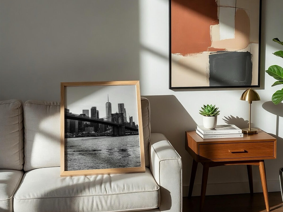Brooklyn Bridge Skyline Dusk Poster | Black and White Photography Print | Vintage New York Wall Art | Retro City Travel Decor