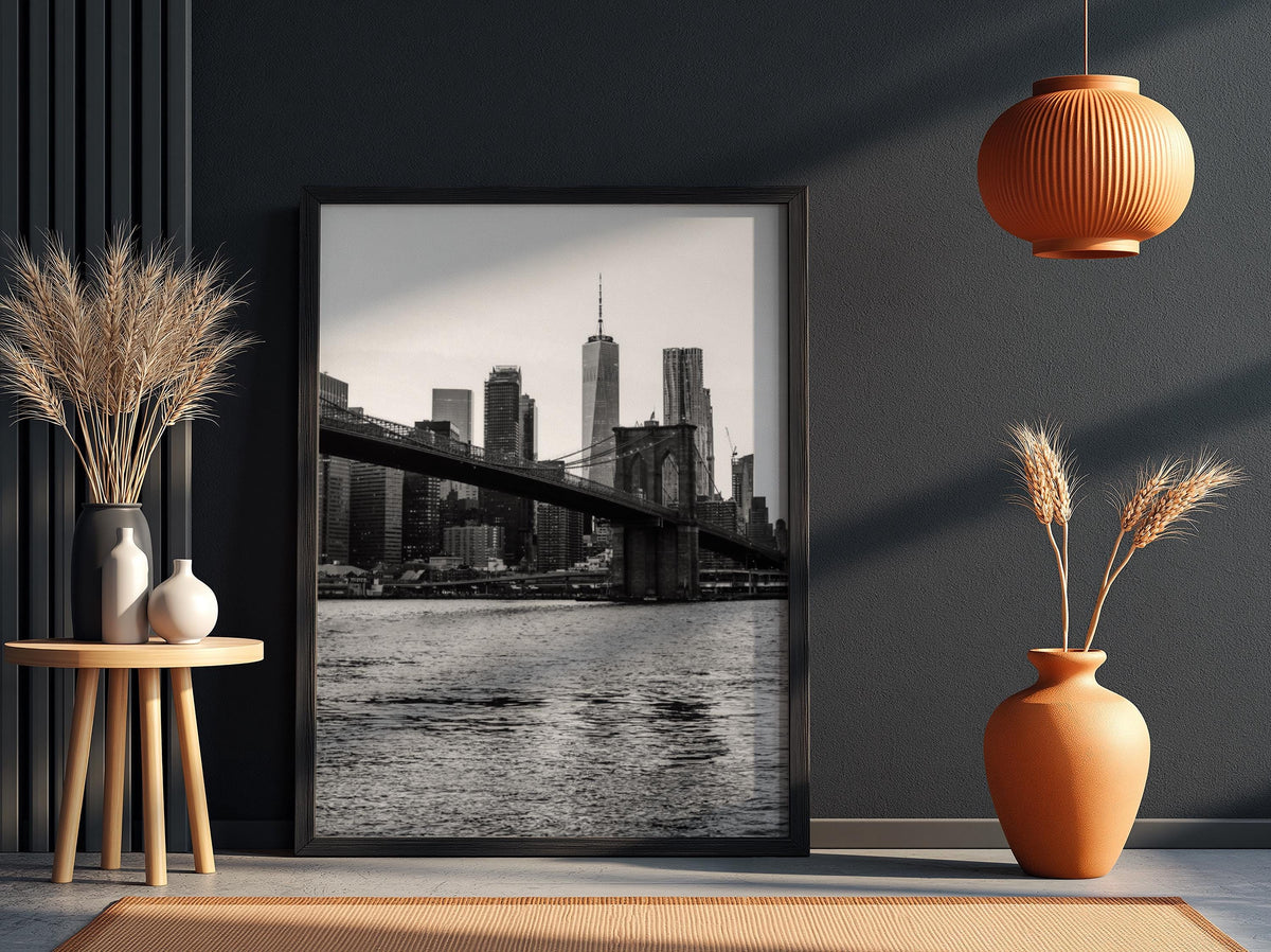 Brooklyn Bridge Skyline Dusk Poster | Black and White Photography Print | Vintage New York Wall Art | Retro City Travel Decor