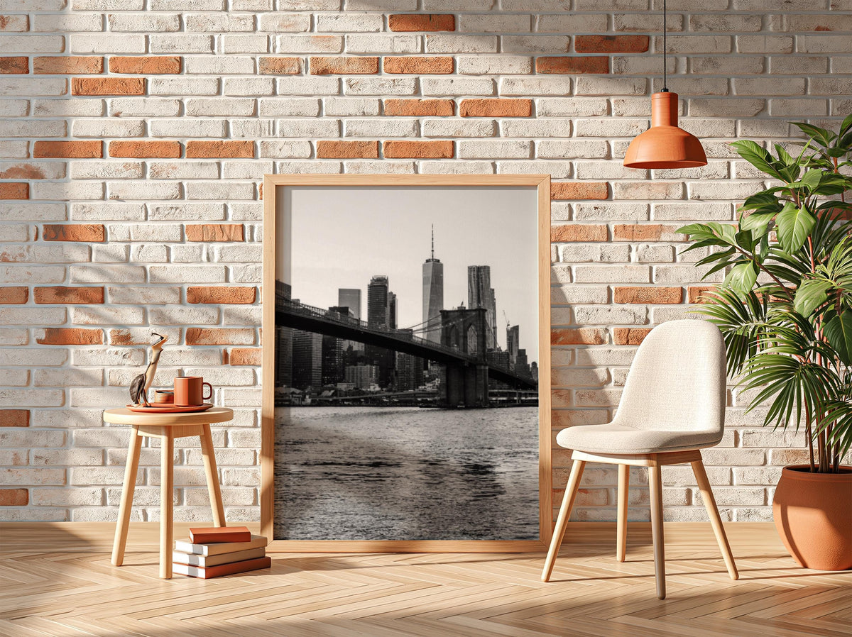 Brooklyn Bridge Skyline Dusk Poster | Black and White Photography Print | Vintage New York Wall Art | Retro City Travel Decor