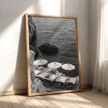 Cliffside Loungers Blue Sea Poster | Black and White Photography Print | Vintage Coastal Wall Art | Retro Summer Travel Decor