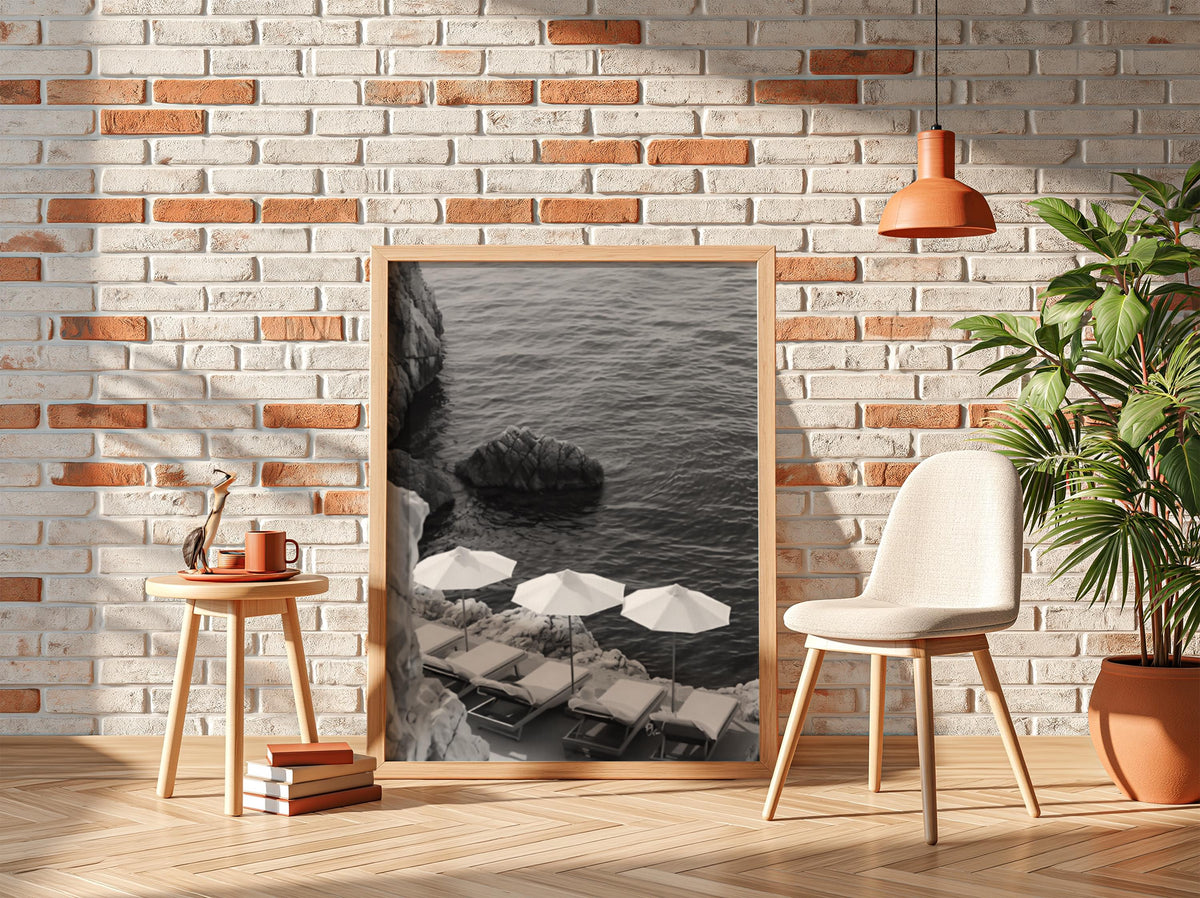 Cliffside Loungers Blue Sea Poster | Black and White Photography Print | Vintage Coastal Wall Art | Retro Summer Travel Decor