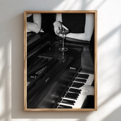 Cocktail On Grand Piano Poster | Black and White Photography Print | Vintage Luxury Wall Art | Retro Jazz Lifestyle Decor