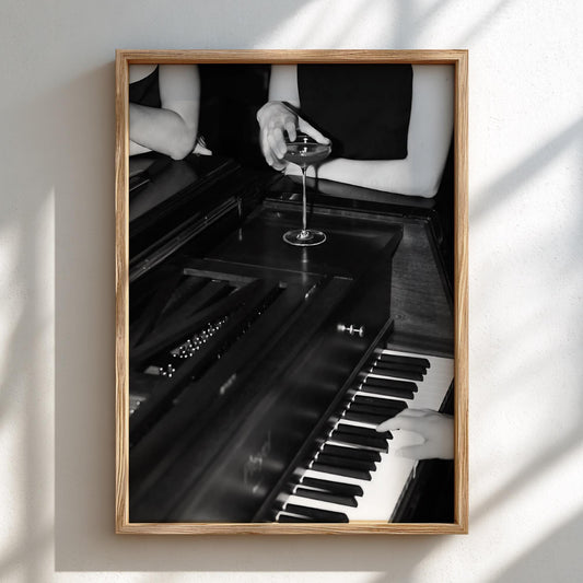 Cocktail On Grand Piano Poster | Black and White Photography Print | Vintage Luxury Wall Art | Retro Jazz Lifestyle Decor