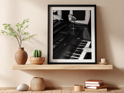 Cocktail On Grand Piano Poster | Black and White Photography Print | Vintage Luxury Wall Art | Retro Jazz Lifestyle Decor