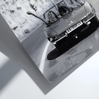 Convertible Road Trip Friends Poster | Black and White Photography Print | Vintage Travel Wall Art | Retro Adventure Lifestyle Decor