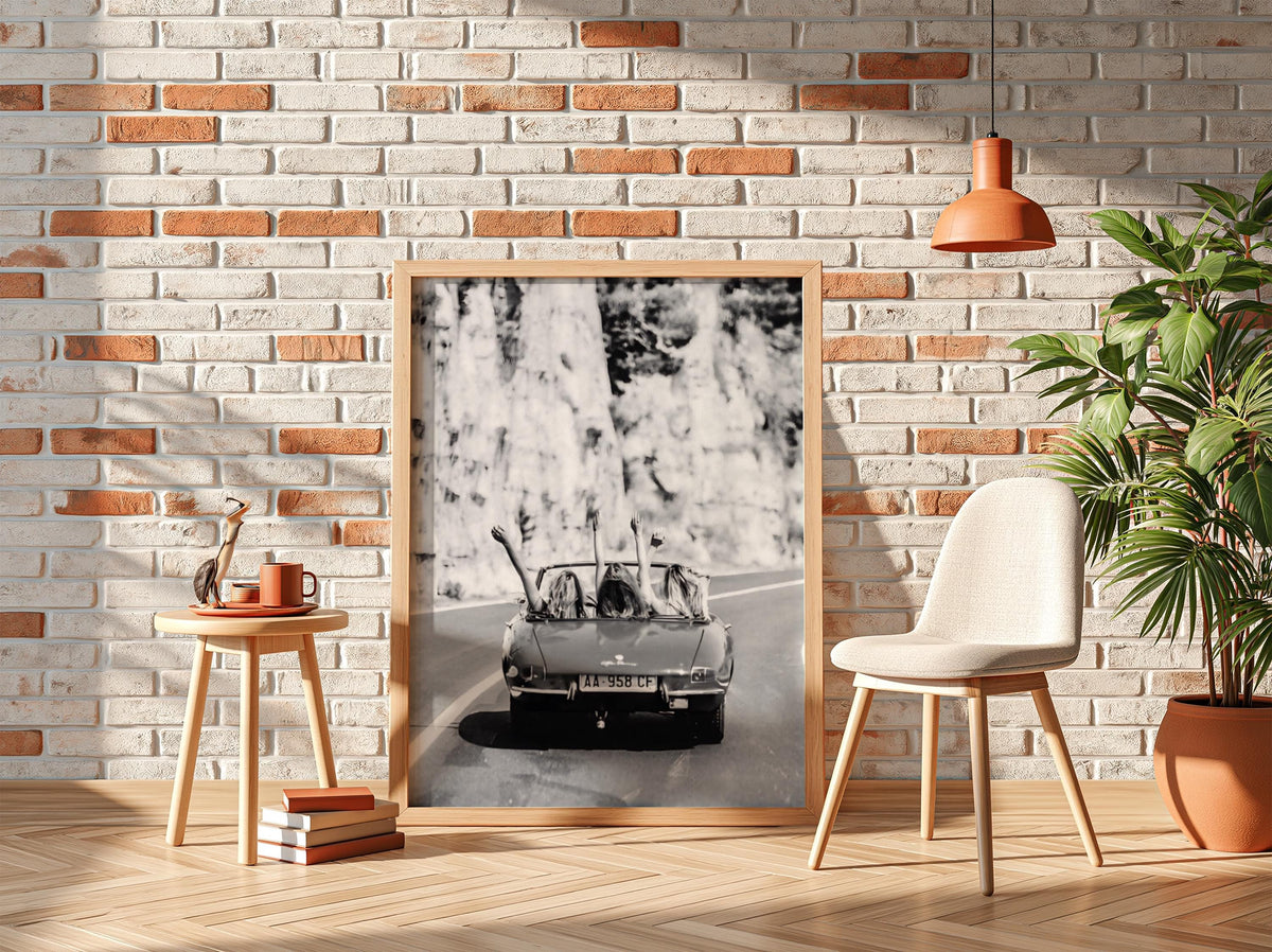 Convertible Road Trip Friends Poster | Black and White Photography Print | Vintage Travel Wall Art | Retro Adventure Lifestyle Decor