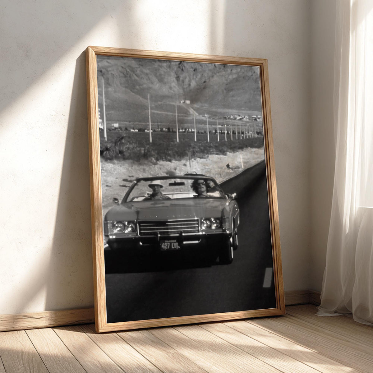 Desert Highway Red Convertible Poster | Black and White Photography Print | Vintage Road Trip Wall Art | Retro Travel Decor