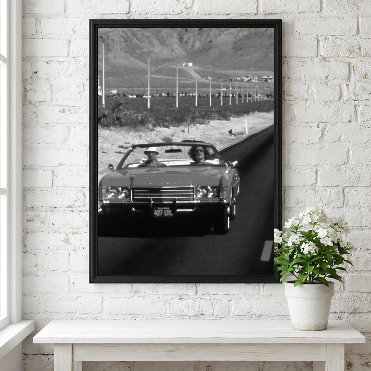 Desert Highway Red Convertible Poster | Black and White Photography Print | Vintage Road Trip Wall Art | Retro Travel Decor