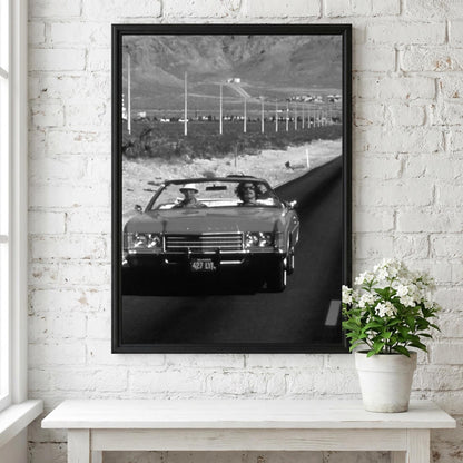 Desert Highway Red Convertible Poster | Black and White Photography Print | Vintage Road Trip Wall Art | Retro Travel Decor
