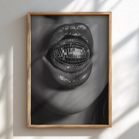 Disco Ball Lips Closeup Poster | Black and White Photography Print | Vintage Glam Wall Art | Retro Nightlife Decor
