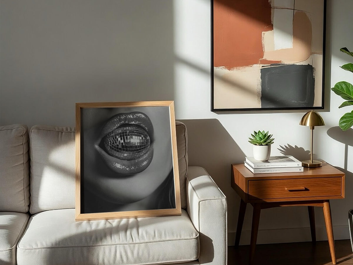 Disco Ball Lips Closeup Poster | Black and White Photography Print | Vintage Glam Wall Art | Retro Nightlife Decor